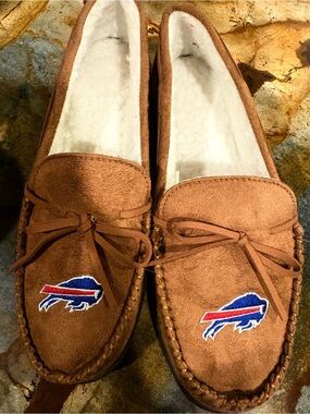 Women's Brown Suede Moccasin Slippers with Buffalo Logo